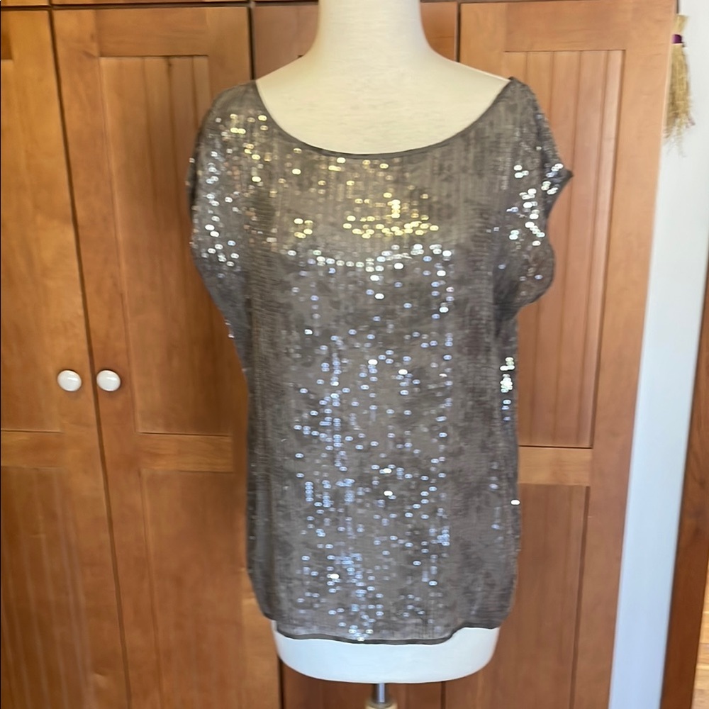 Eileen Fisher Sequined taupe/gray Top medium.
